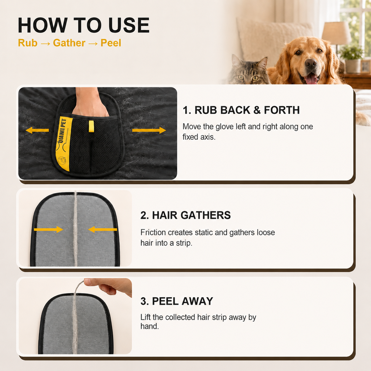 QIAWI Pet Hair Remover Glove for Cats & Dogs, Reusable Lint Remover for Couch, Carpet & Clothes
