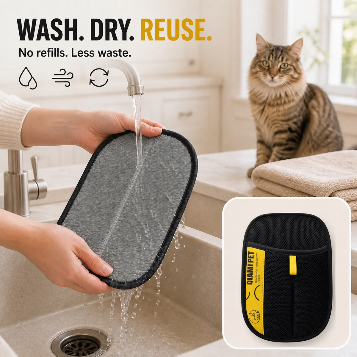 QIAWI Pet Hair Remover Glove for Cats & Dogs, Reusable Lint Remover for Couch, Carpet & Clothes