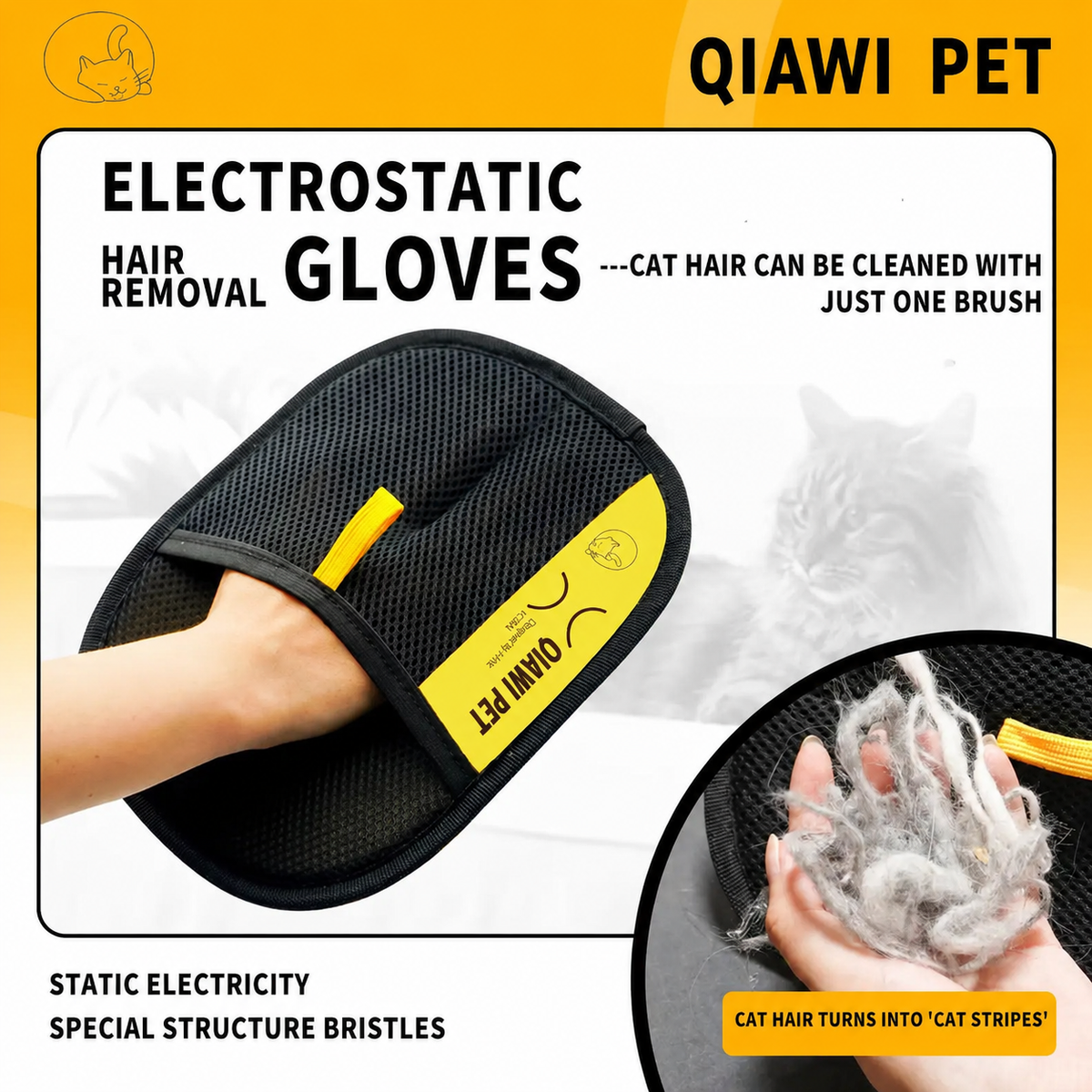 QIAWI Pet Hair Remover Glove for Cats & Dogs, Reusable Lint Remover for Couch, Carpet & Clothes