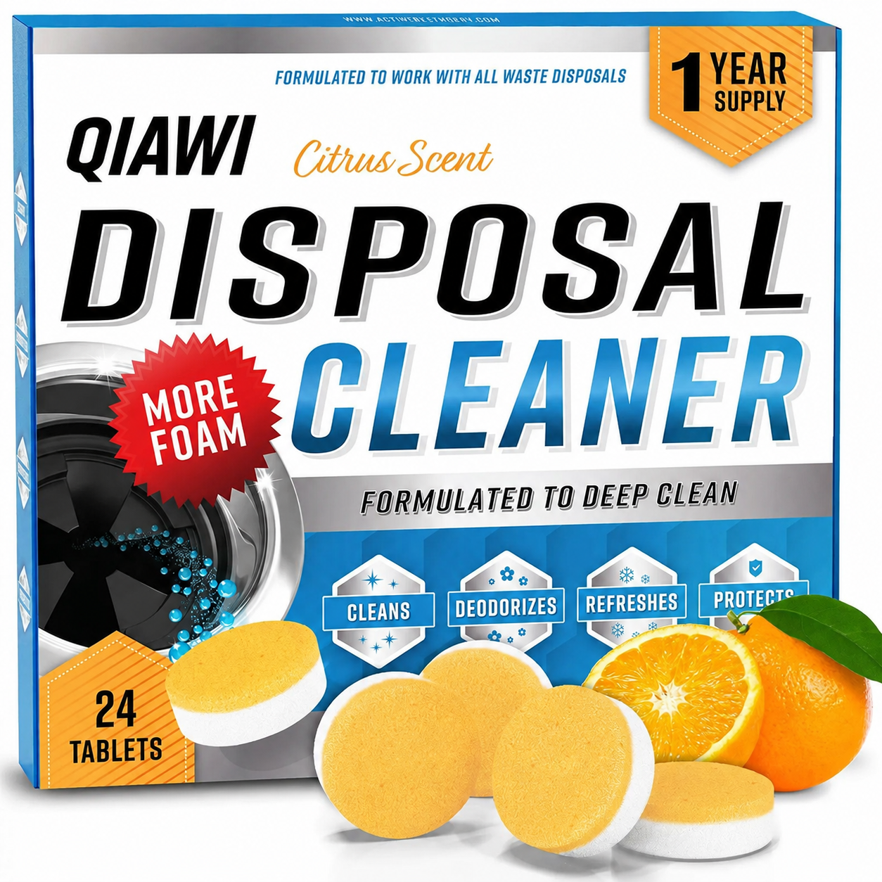 Garbage Disposal Cleaner Tablets, 24 Pack, XL Foaming Deodorizer, Fresh Citrus Scent, Sink & Garburator Cleaner