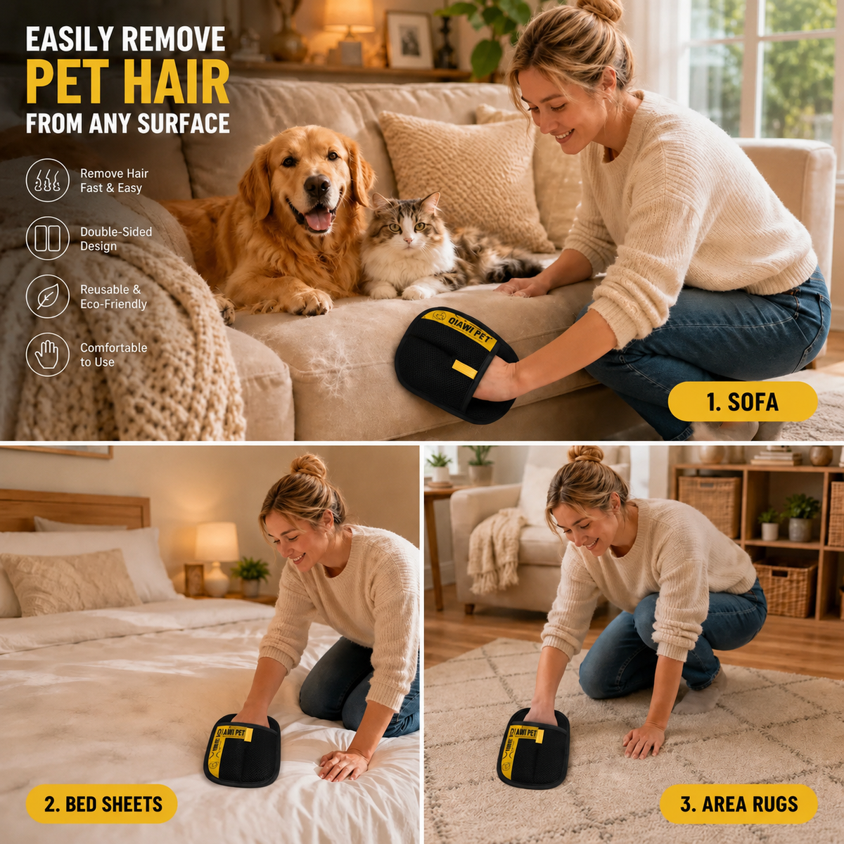 QIAWI Pet Hair Remover Glove for Cats & Dogs, Reusable Lint Remover for Couch, Carpet & Clothes